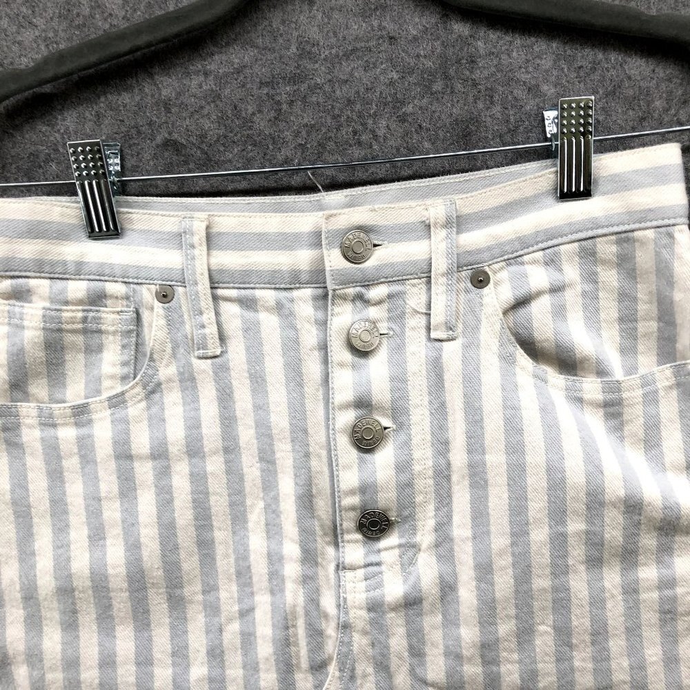 Madewell Denim Mini Skirt Sz 26 Pompano Stripe Blue White A Line Stretch Button - Picture 3 of 10